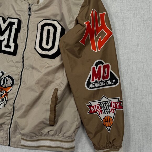 Members Only Varsity Bomber Jacket Beige Brown Patches Tiger Graphic Size L - Picture 4 of 16